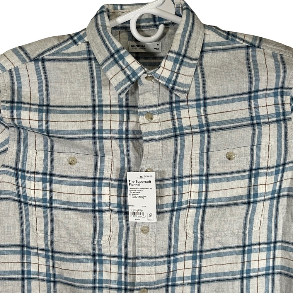 Sonoma Goods For Life Mens Supersoft Flannel Plaid Shirt Grey Blue Medium New